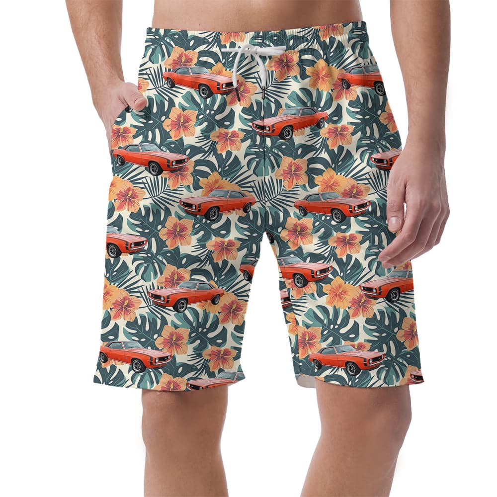 Glossy Green Hibiscus Custom Hawaiian Men Short with Car1