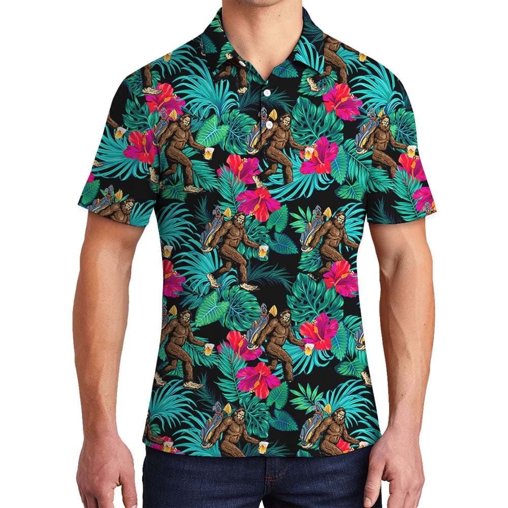 Golfing Bigfoot Beer Hawaiian Print Men's Polo1