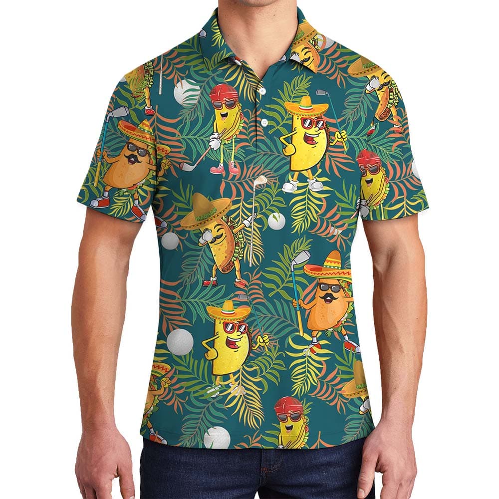 Golfing Taco Pattern Men's Collared Polos1