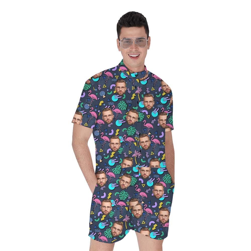 Group Custom Faces with Flamingos Men's Romper1