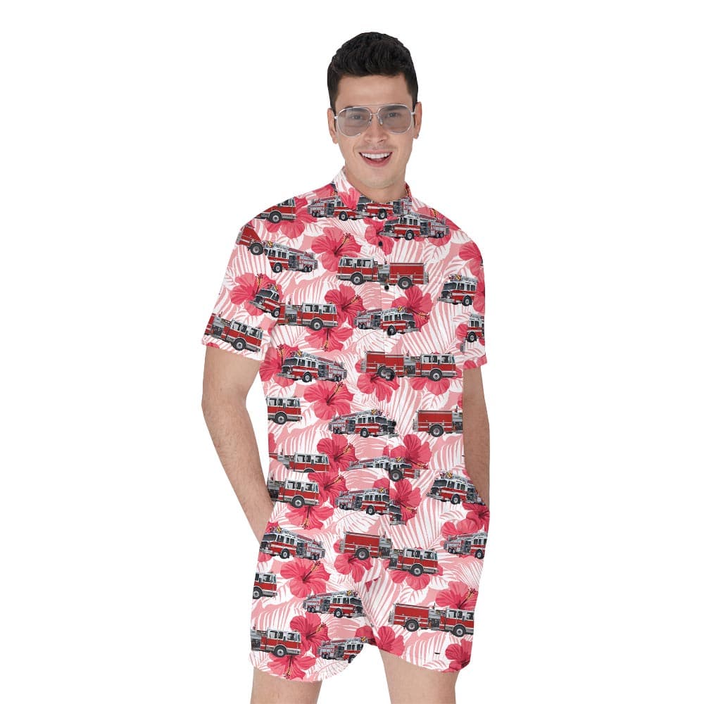 Emergency Truck Hibiscus Hawaiian Romper Men