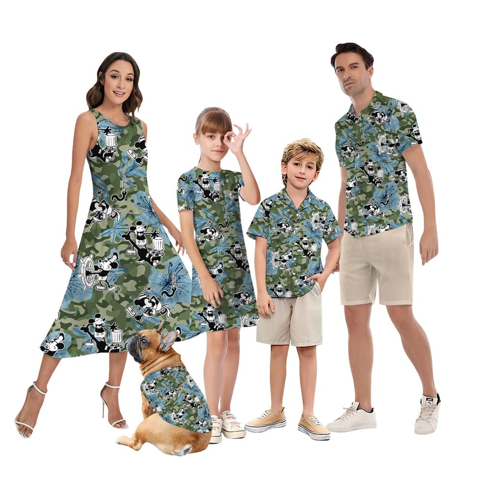 Hibiscus Camouflage Steamboat Willie Mickey Green Matching Family Hawaiian Outfits