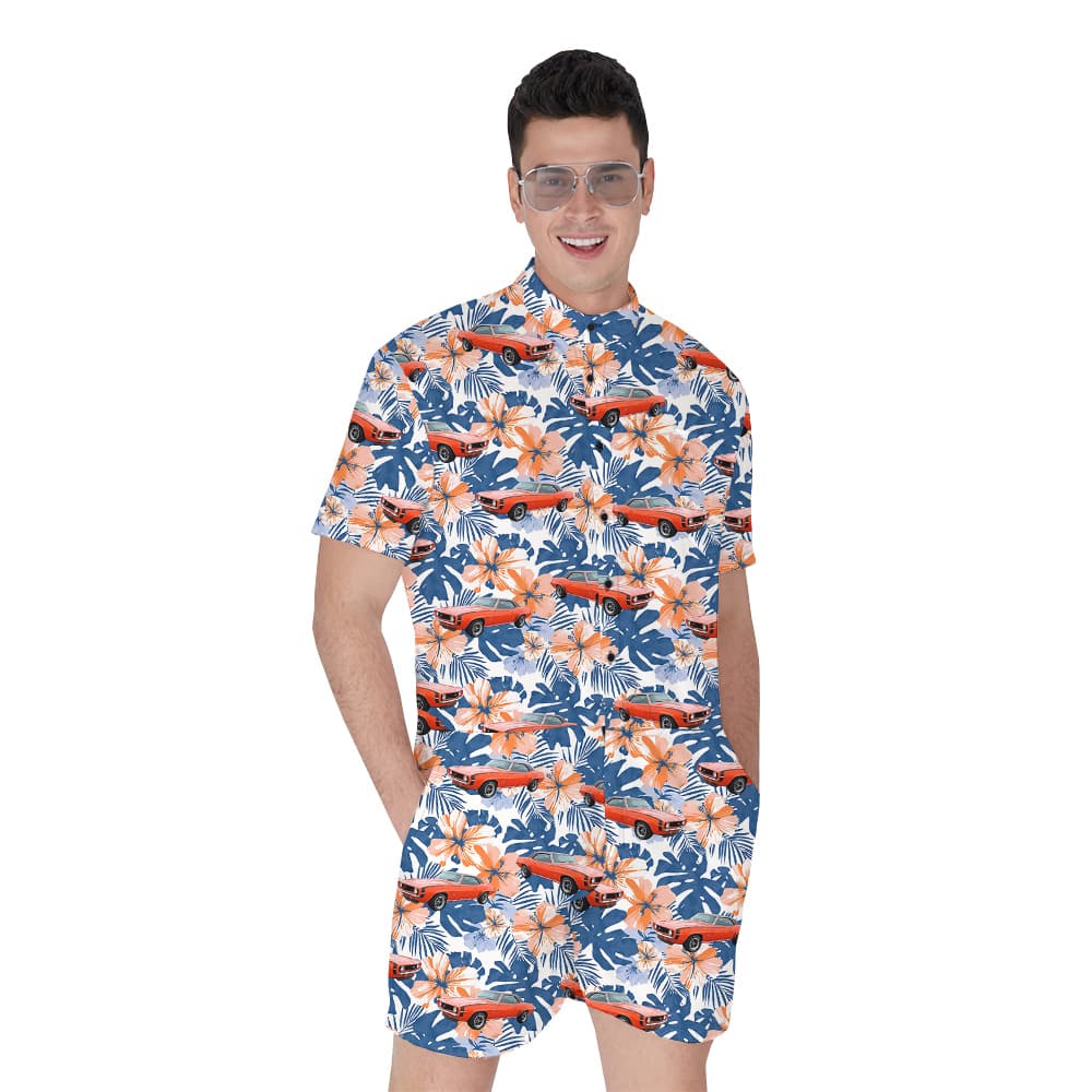 Hibiscus Custom Blue Hawaiian Men Romper with Car1