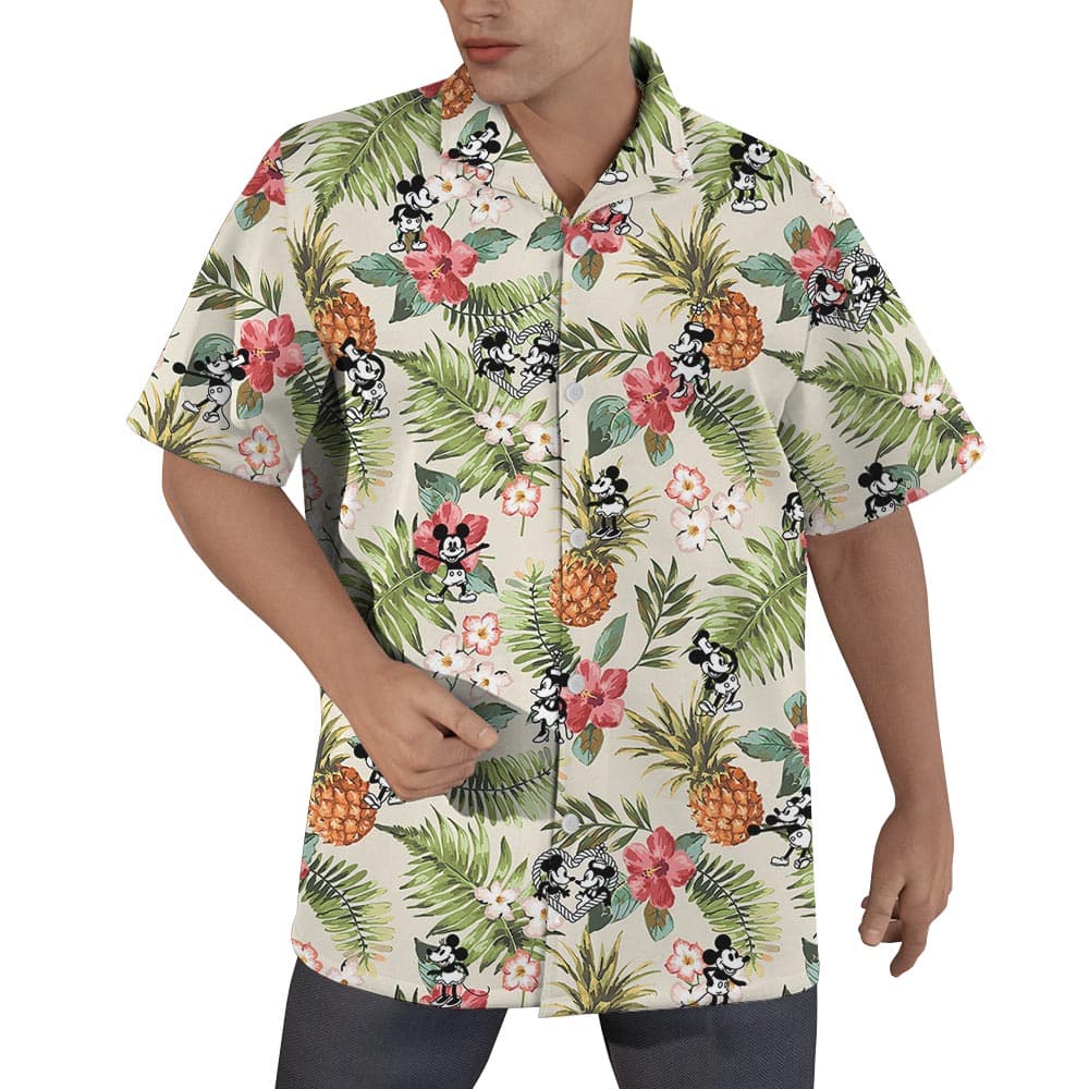 Hibiscus Pineapple Mickey Mouse Hawaiian Shirt Steamboat Willie