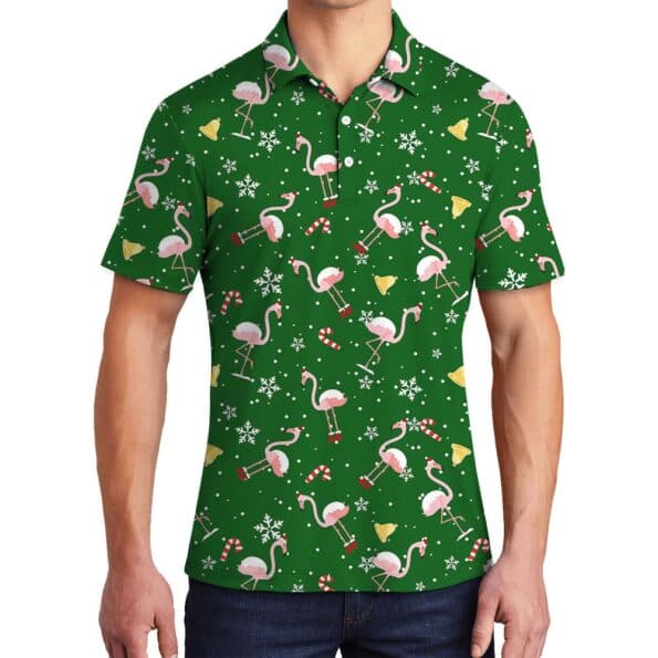 Men's Flamingo Christmas Green Hawaiian Polo Shirt