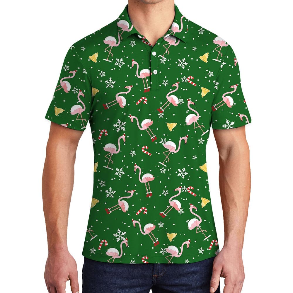 Men's Flamingo Christmas Green Hawaiian Polo Shirt