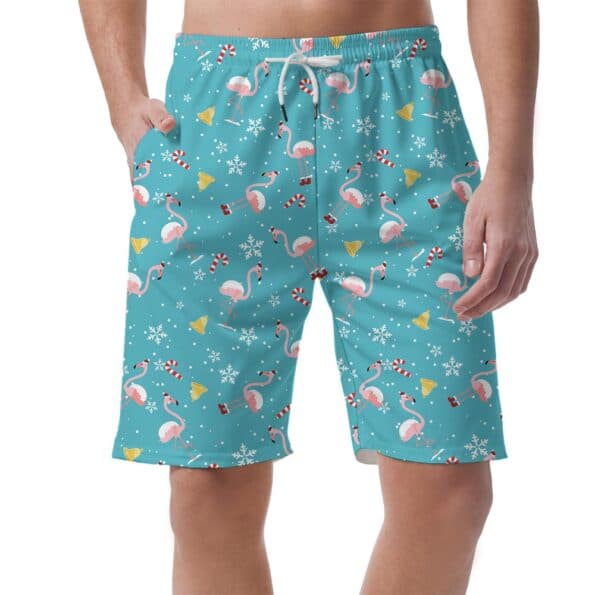 Men's Flamingo Hawaiian Beach Shorts With Christmas Hat