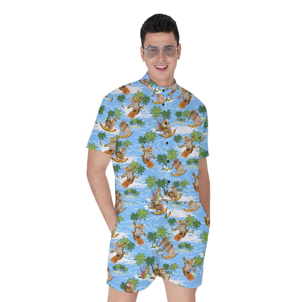 Hawaiian Men's Romper With Meow Pattern