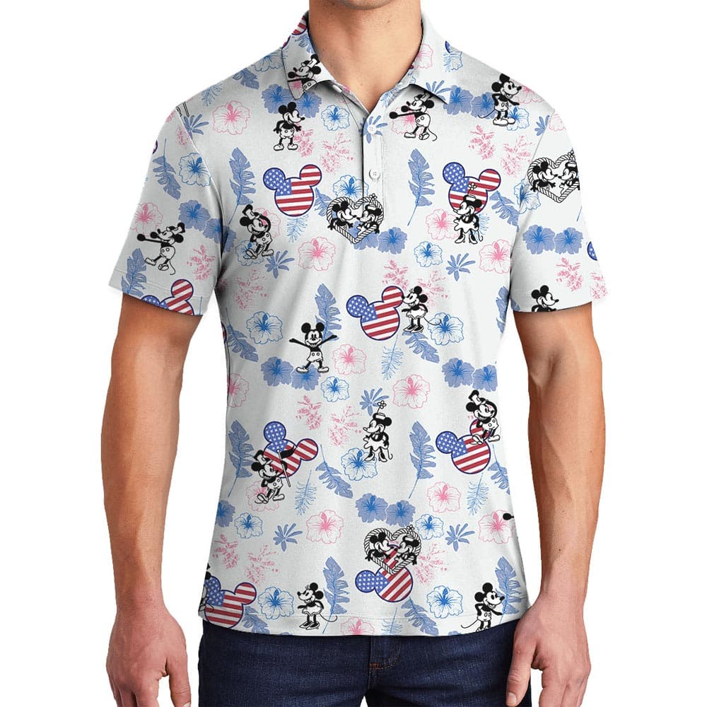 Mickey Minnie Mouse 4th Of July Hawaiian Polo For Men Steamboat Willie