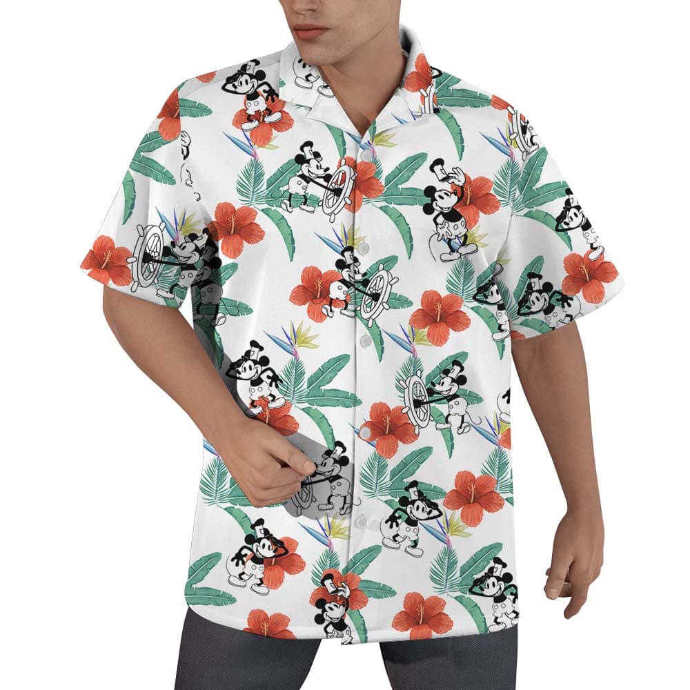 Mickey Mouse Steamboat Willie Floral Hawaiian Shirt For Men1