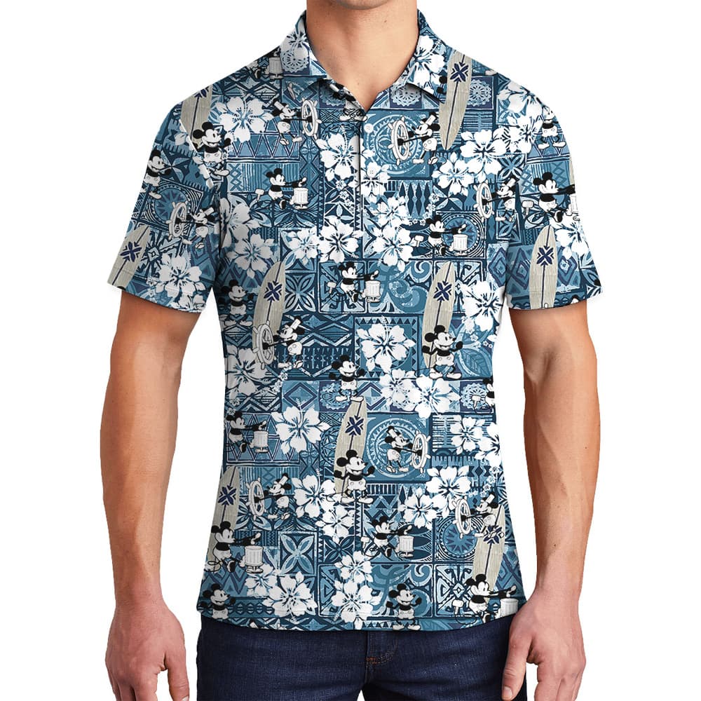 Mickey Steamboat Willie 1928 Vintage Patterns Blue Hawaiian Polo Shirt