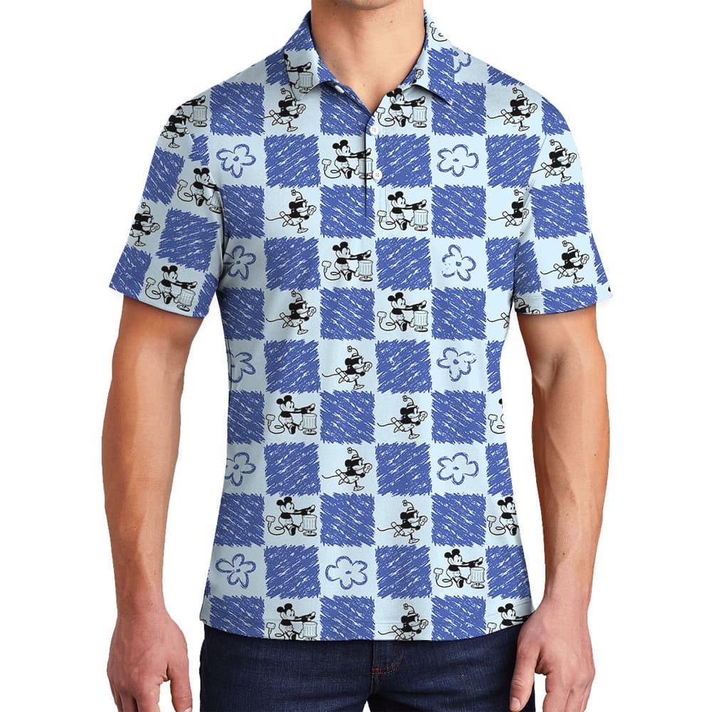 Mickey Steamboat Willie Floral Blue Hawaiian Men's Polo Shirt