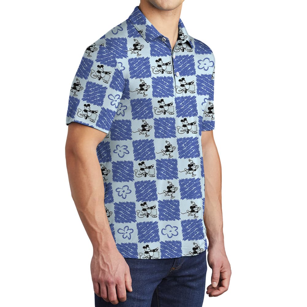 Mickey Steamboat Willie Floral Blue Hawaiian Men's Polo Shirt