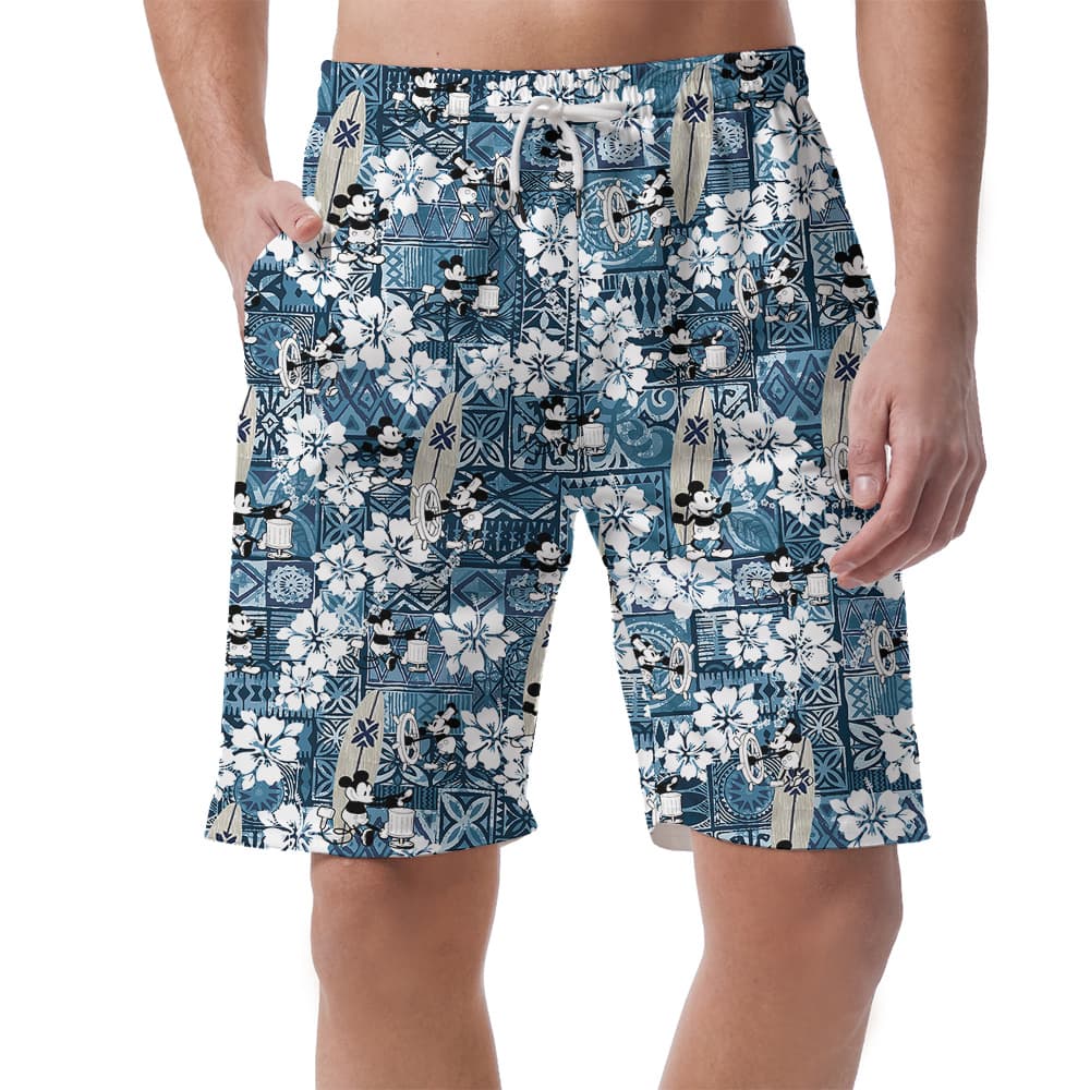 Mickey Steamboat Willie Vintage Hibiscus Blue Hawaiian Beach Shorts For Men