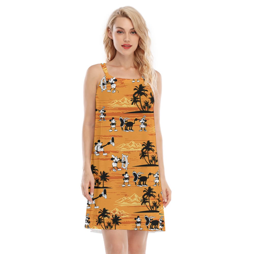 Mickey Steamboat Willie Yellow Island Palms Hawaiian Cami Dress1