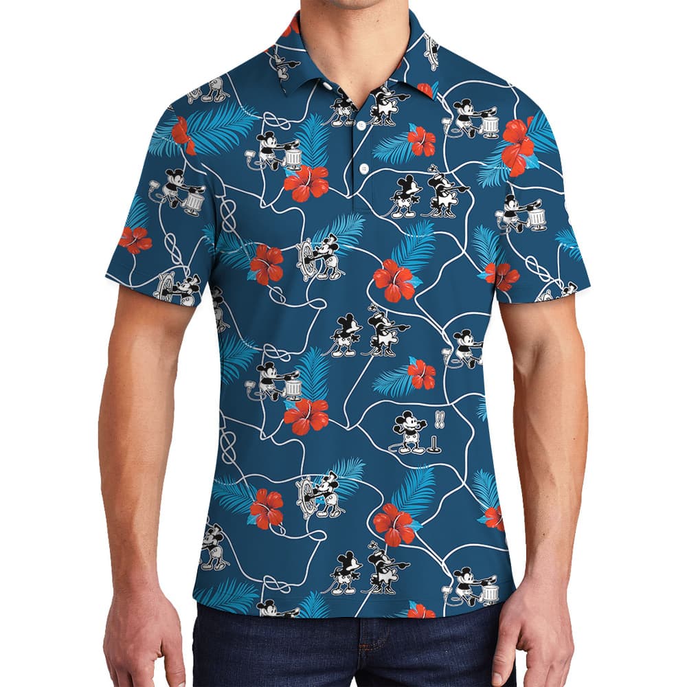 Navy Floral Steamboat Willie Mickey Aloha Polo Shirt for Men1