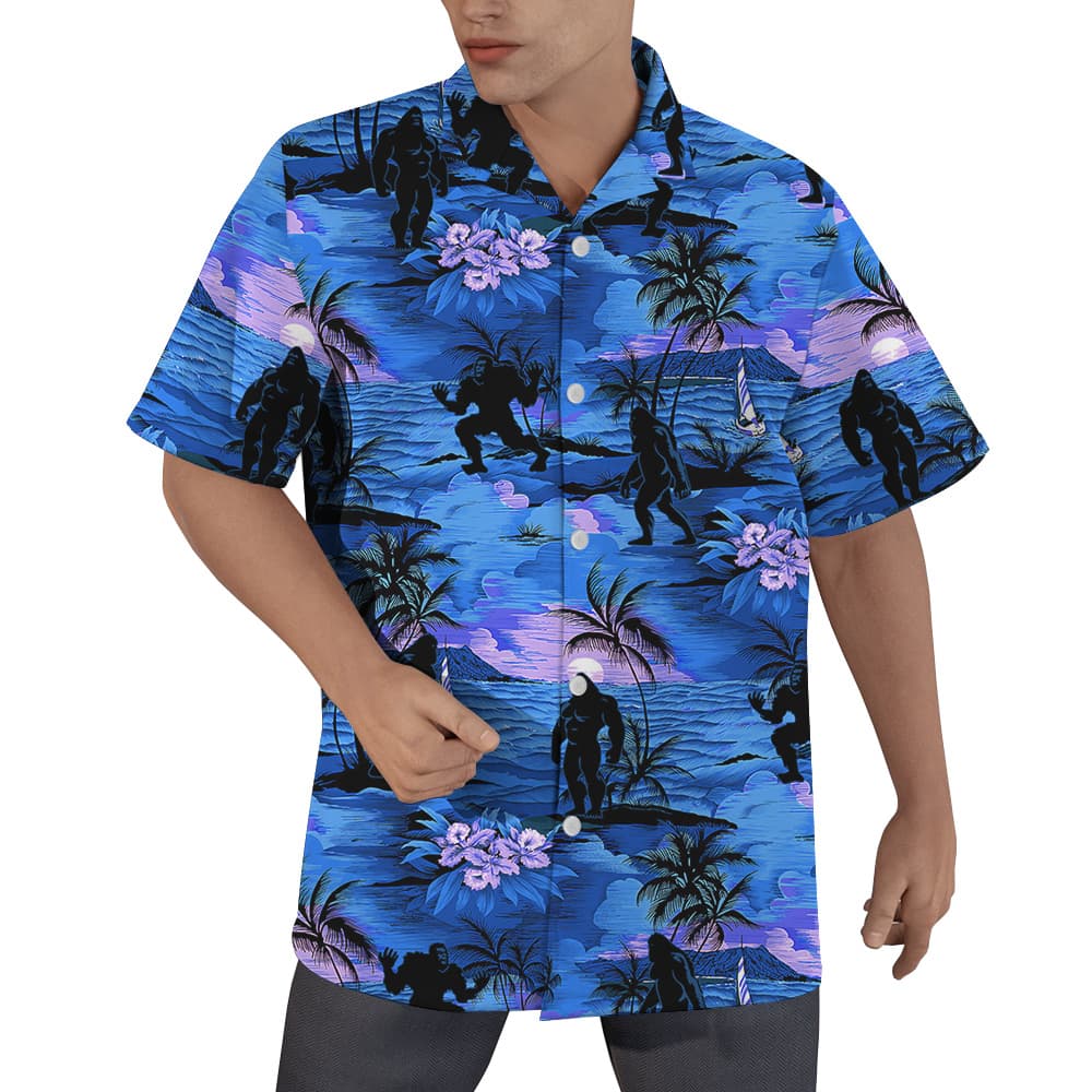 Navy Tropical Islands Palm Trees Bigfoot Hawaiian Shirt (1)