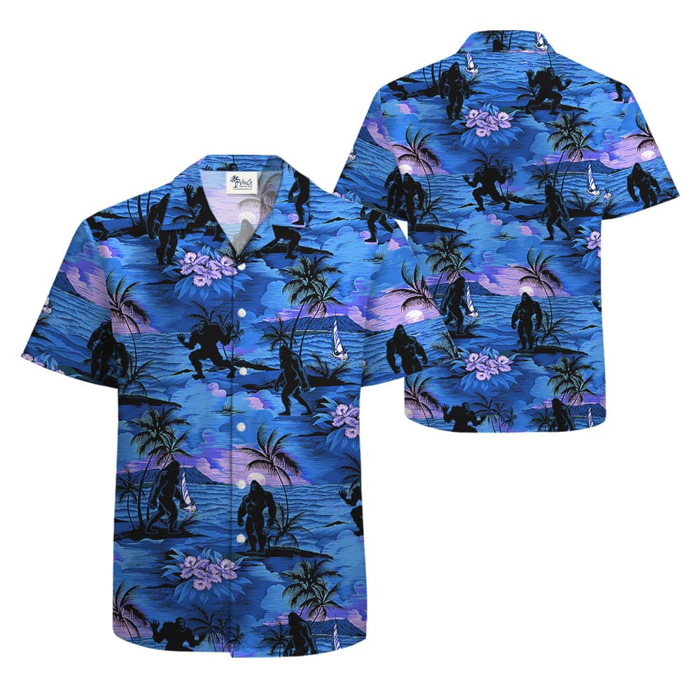 Navy Tropical Islands Palm Trees Bigfoot Hawaiian Shirt