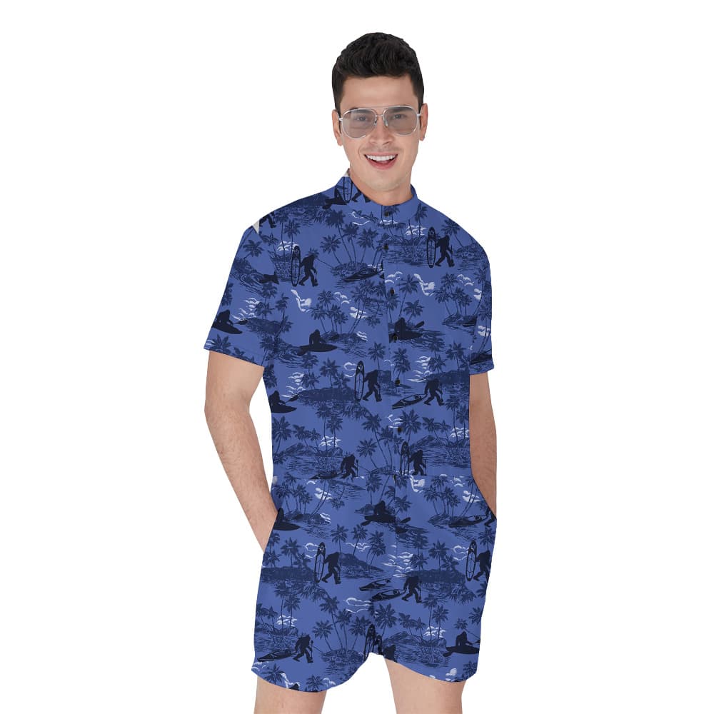 Navy Tropical Palm Tree Kayaking Bigfoot Hawaiian Romper