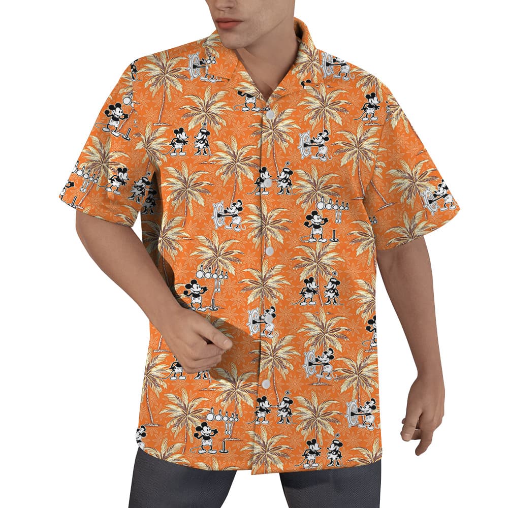 Orange Retro Mickey Steamboat Willie Hawaiian Shirt for Men1