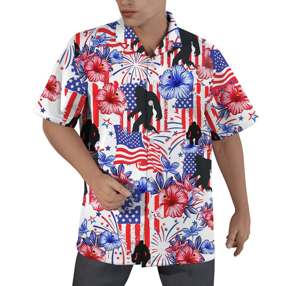 Patriotic Bigfoot American Flag Floral Hawaiian Shirt (2)