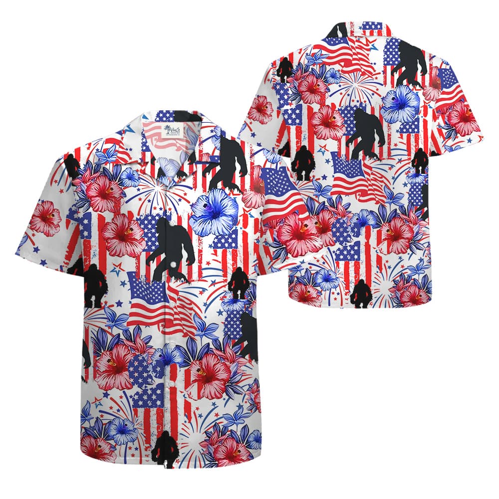 Patriotic Bigfoot American Flag Floral Hawaiian Shirt