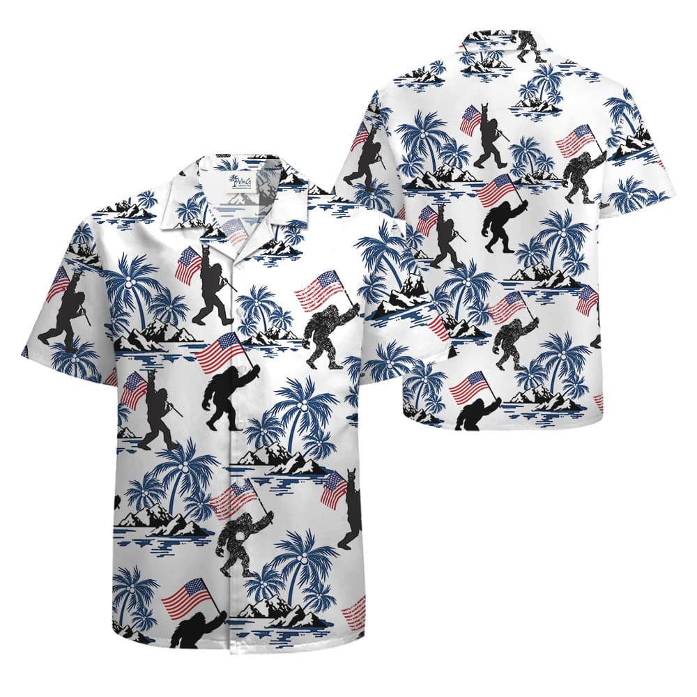 Patriotic Bigfoot American Flag Tropical Hawaiian Shirt