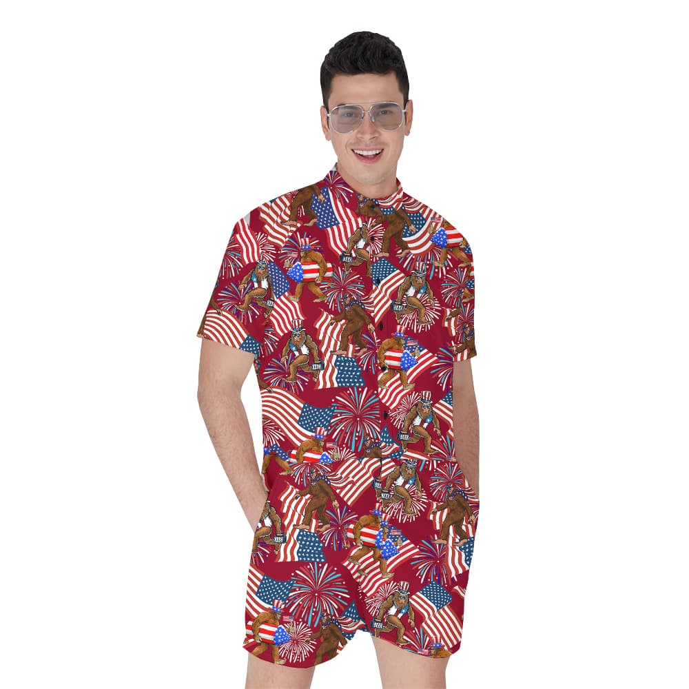 Patriotic Bigfoot With American Flag Men's Hawaiian Romper
