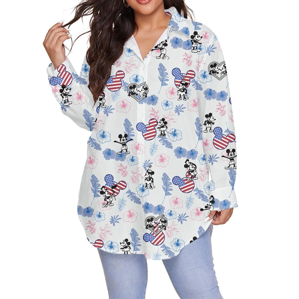 Patriotic Mickey Mouse Oversized Hawaiian Shirt For Women Steamboat Willie