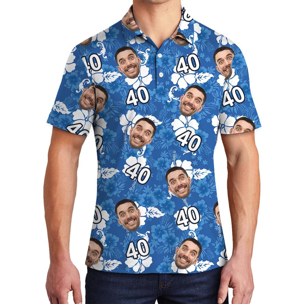 Personalized Blue Hawaiian Polo Shirt With Birthday Photo