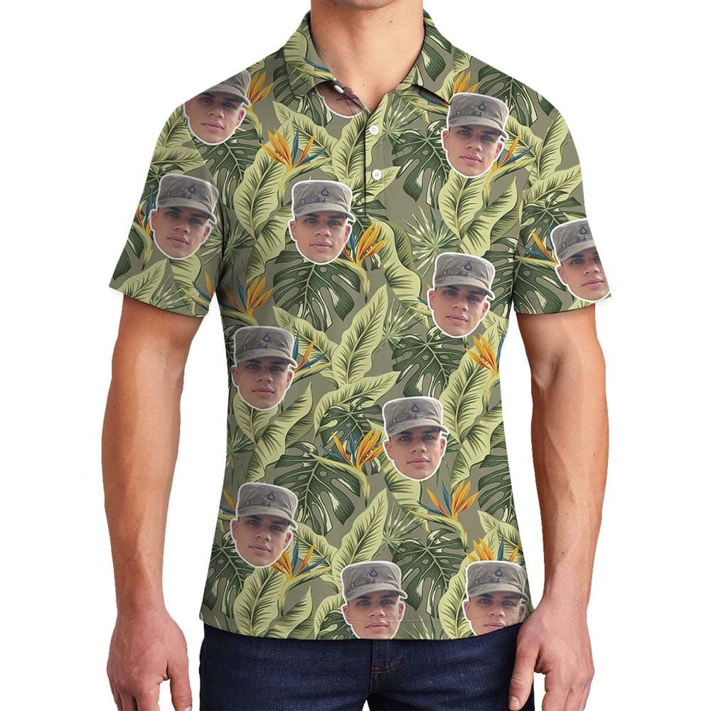 Personalized Camo Tropical Men's Polo Shirt With Faces1