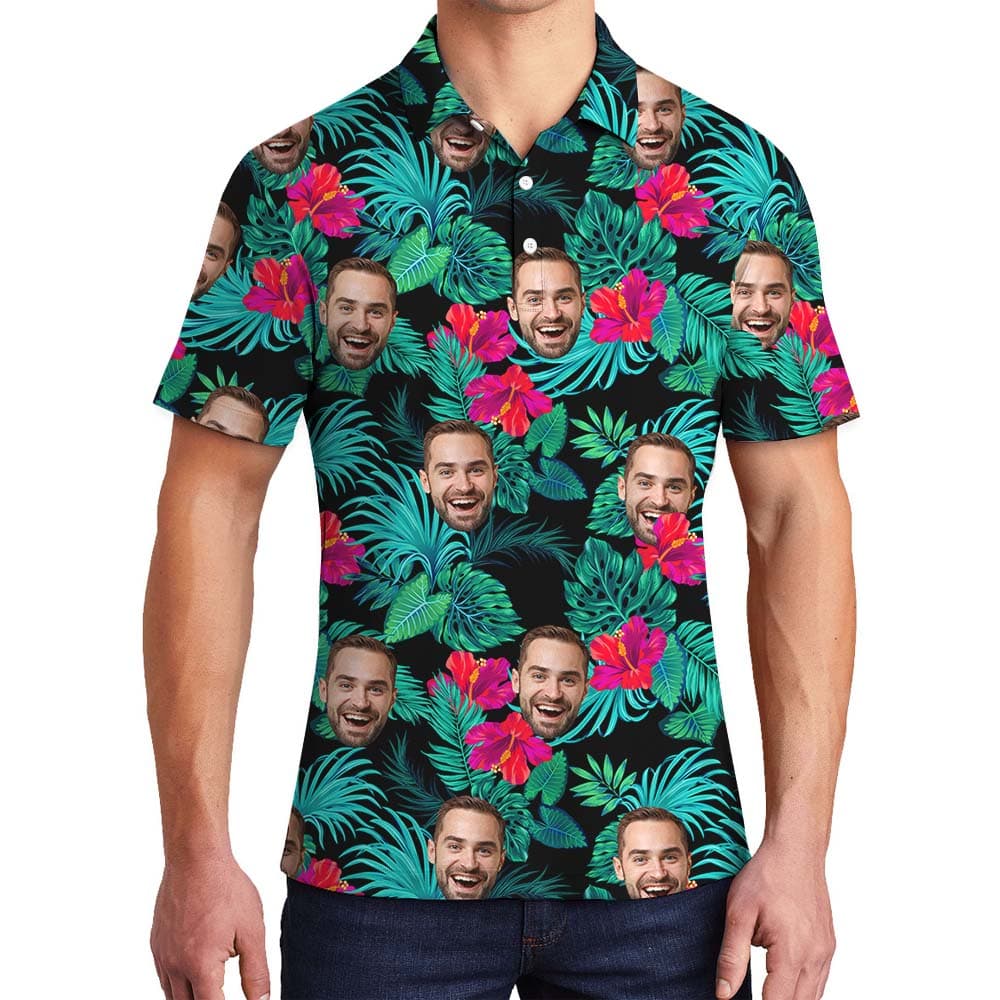 Personalized Face And Hibiscus Aloha Men's Polo Shirt1