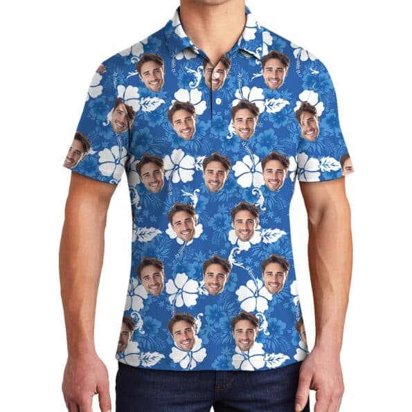 Personalized Face Men's Polo Shirt Blue Hibiscus
