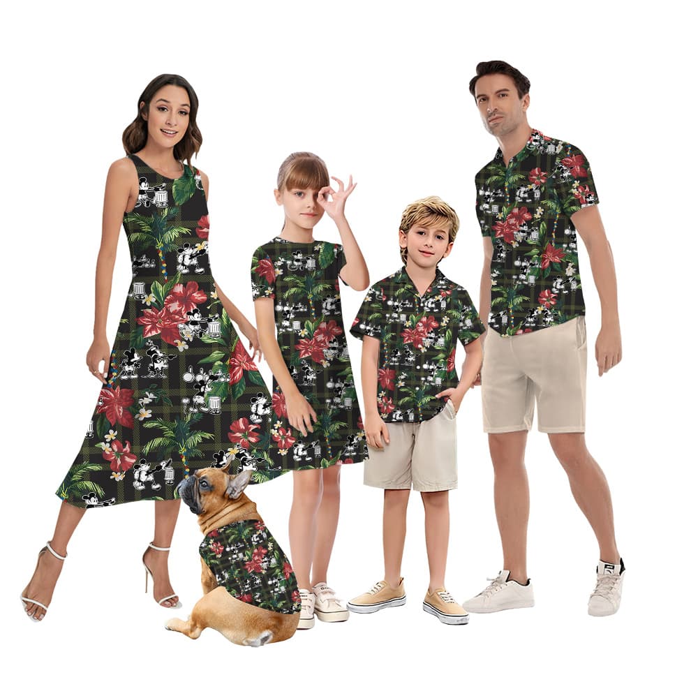 Poisettia Palm Tree Steamboat Willie Mickey Matching Family Hawaiian Shirts And Dresses