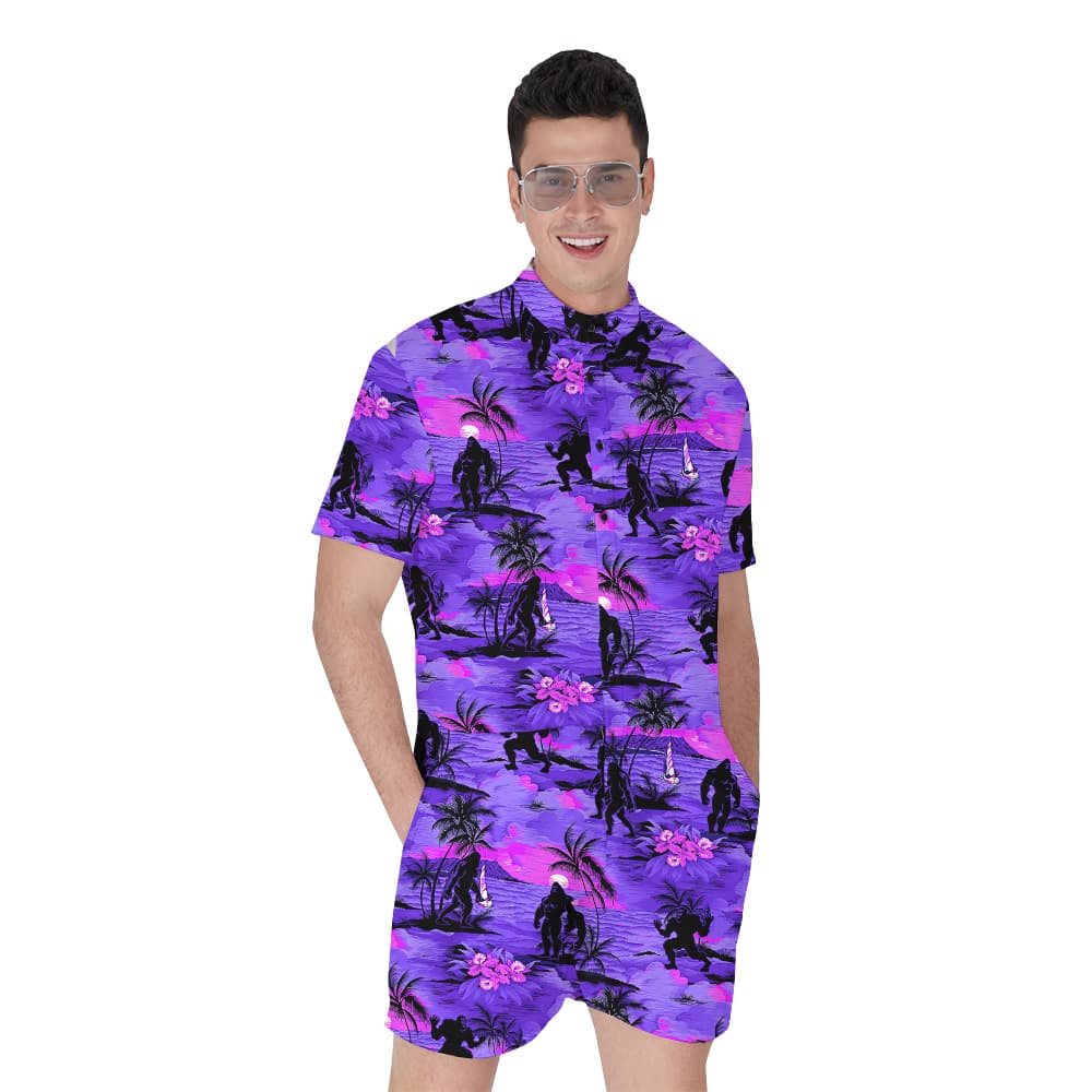 Purple Bigfoot On Beach Tropical Palm Trees Men's Hawaiian Romper
