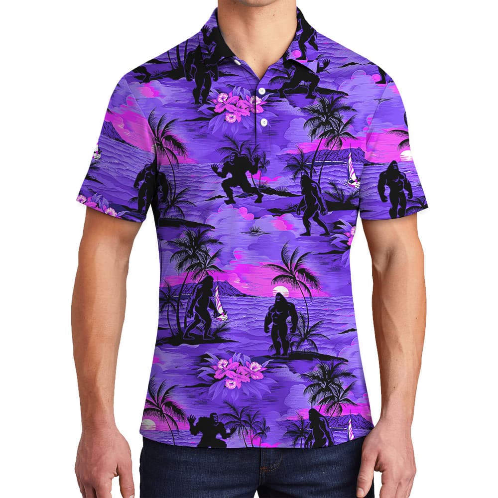 Purple Tropical Sunset Beach Palm Trees Sasquatch Hawaiian Polo Golf Shirt