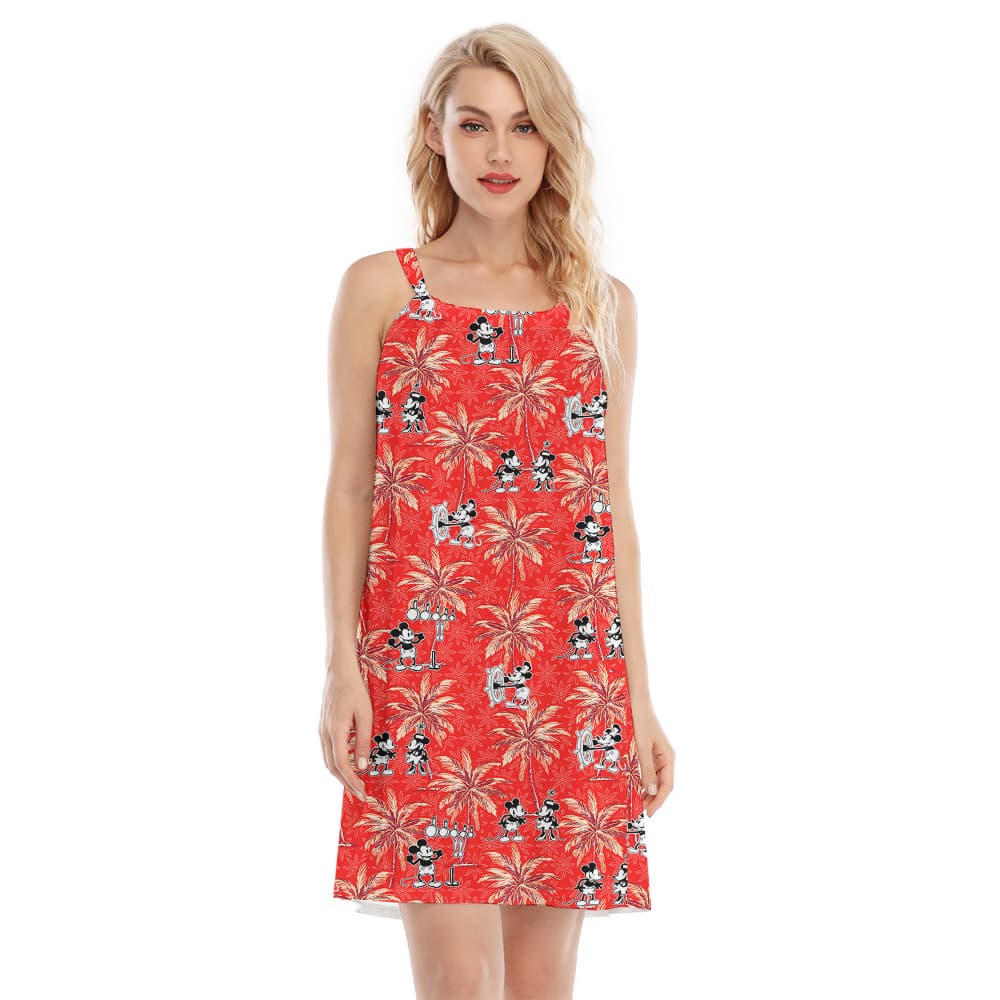 Red Aloha Cami Dress Mickey Steamboat Willie Palm Tree Edition1