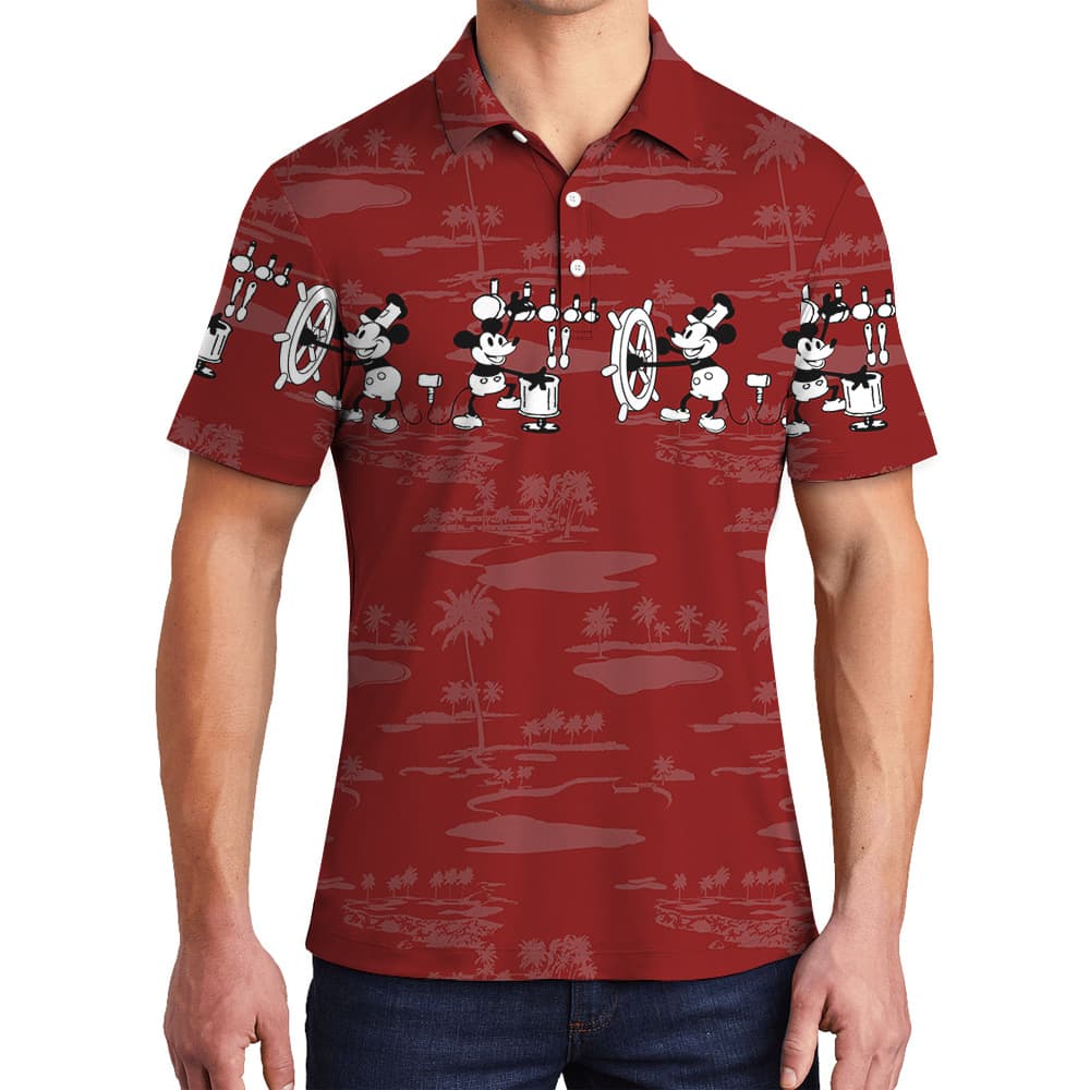 Red Mickey Steamboat Willie Aloha Polo Shirt for Men1