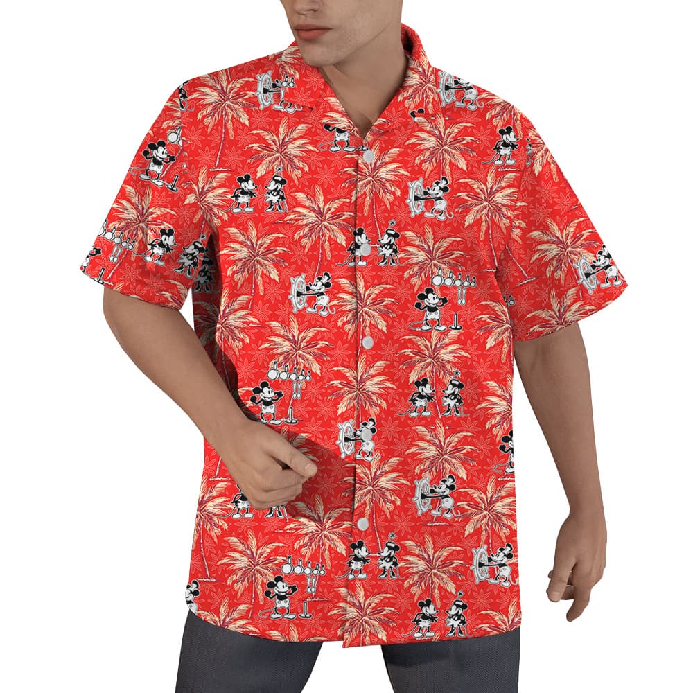 Red Mickey Steamboat Willie Palm Tree Hawaiian Men Shirt1