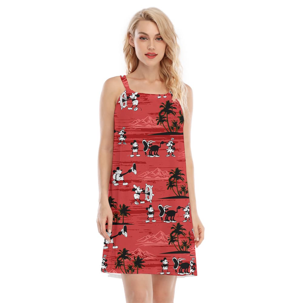 Red Mickey Steamboat Willie Tropical Aloha Cami Dress1