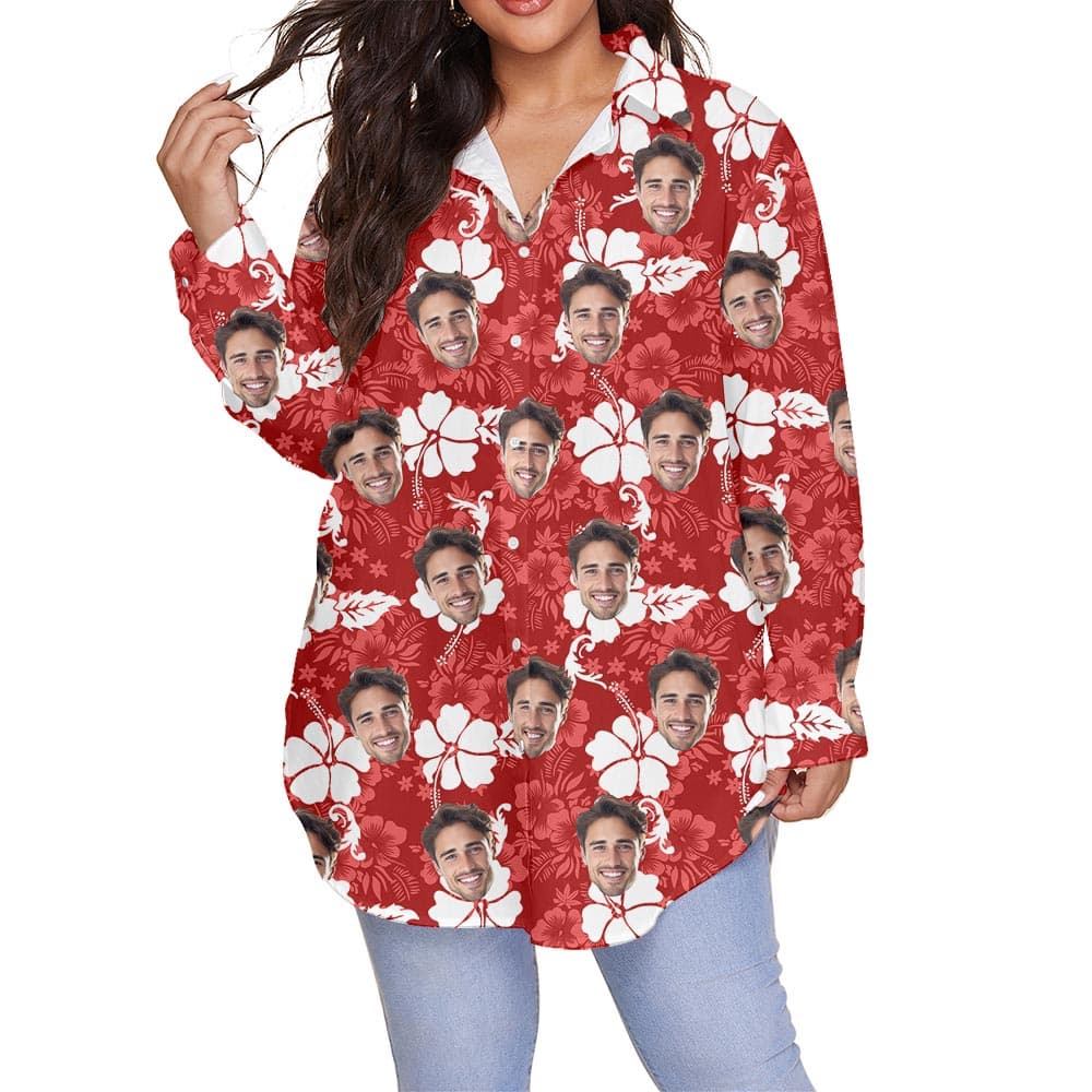 Red Personalized Women's Plus Size Hawaiian Shirt With Multiple Faces