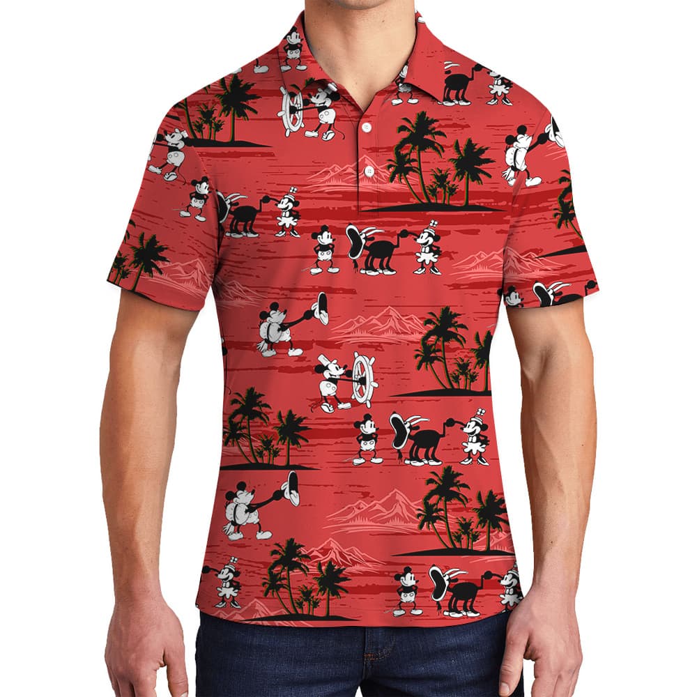 Red Vintage Mickey Steamboat Willie Hawaiian Polo Shirt for Men1