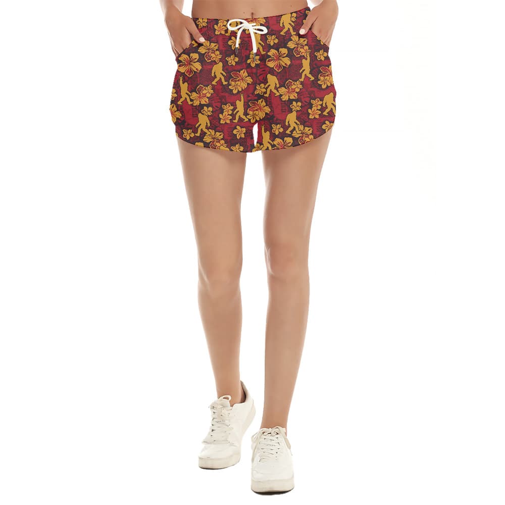 Sasquatch Vintage Hibiscus Red Hawaiian Beach Shorts For Women (2)