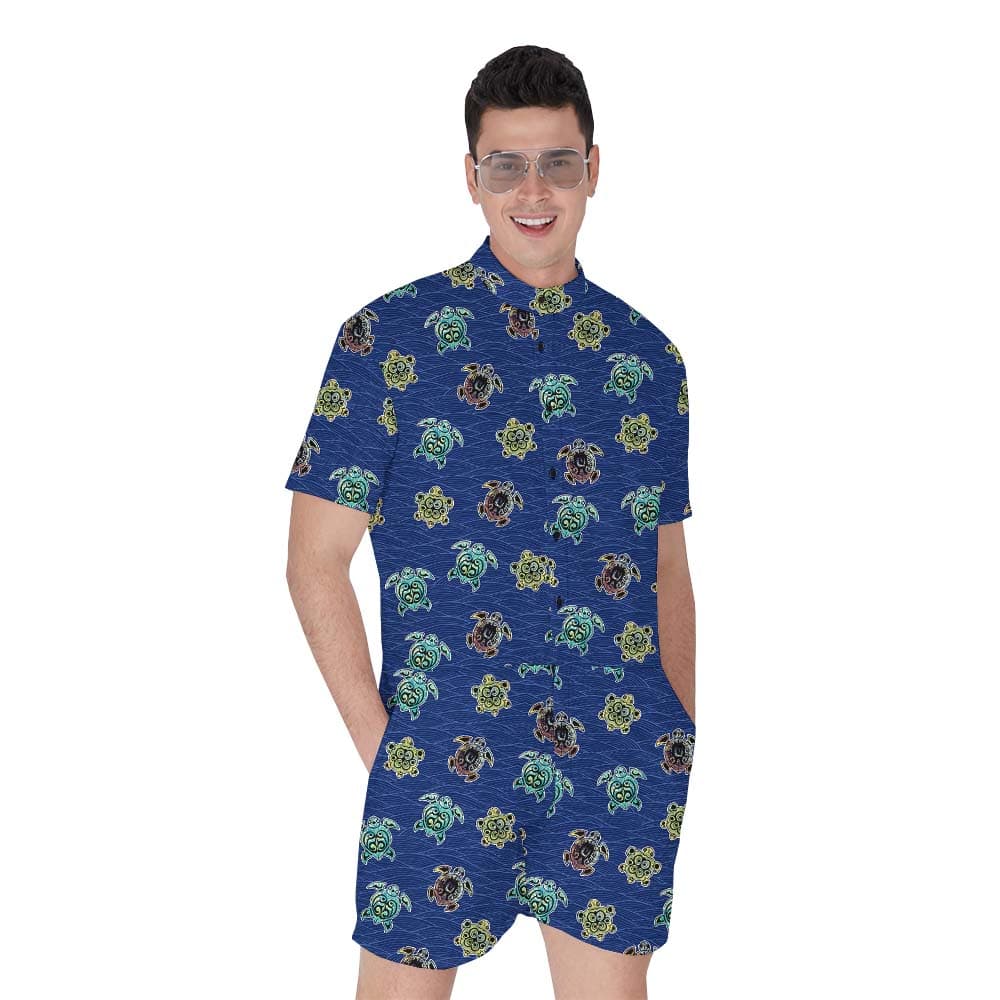 Sea Turtle Men's Hawaiian Romper Blue1