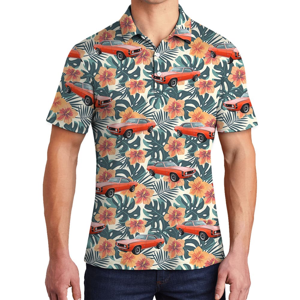 Spring Green Hibiscus Custom Hawaiian Men Polo Shirt with Car1
