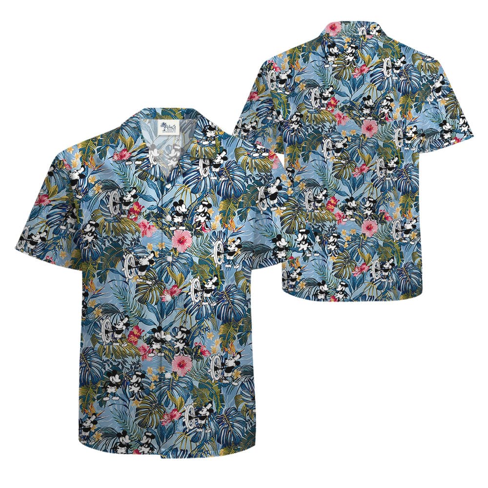 Steamboat Willie Mickey Floral Blue Hawaiian Shirt
