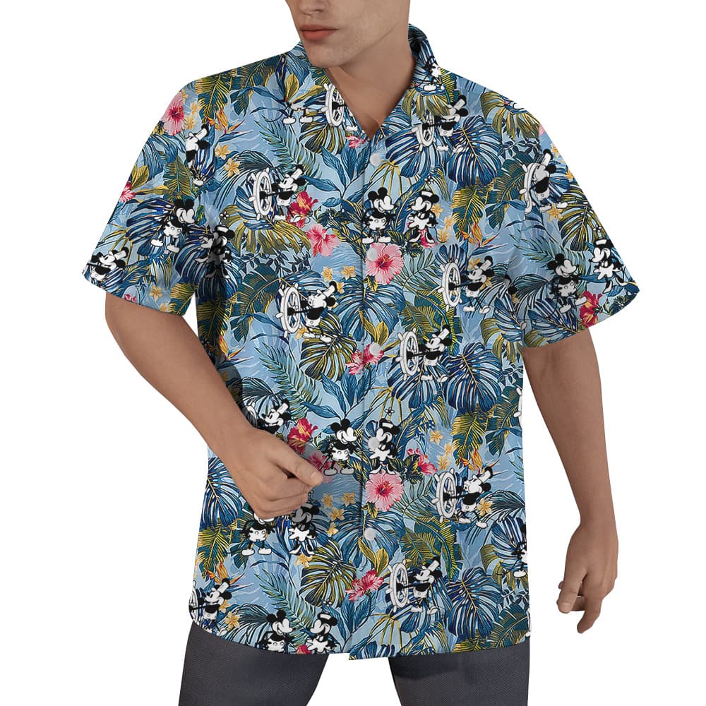 Steamboat Willie Mickey Floral Blue Hawaiian Shirt (5)