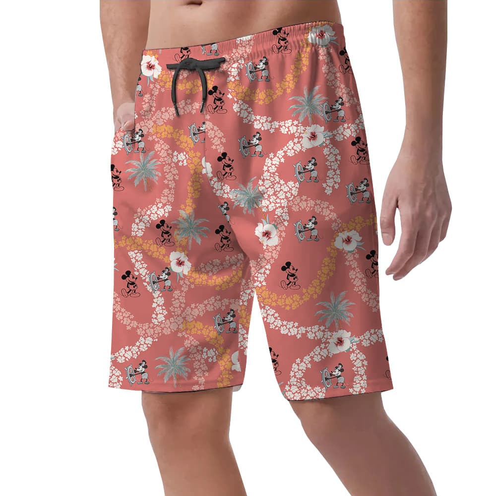 Steamboat Willie Mickey Hibiscus Vintage Hawaiian Beach Shorts For Men