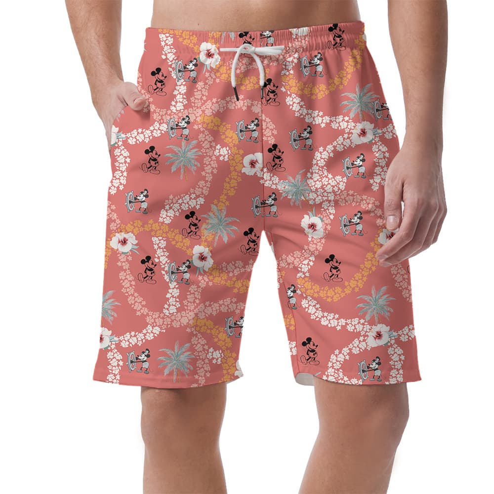 Steamboat Willie Mickey Hibiscus Vintage Hawaiian Beach Shorts For Men
