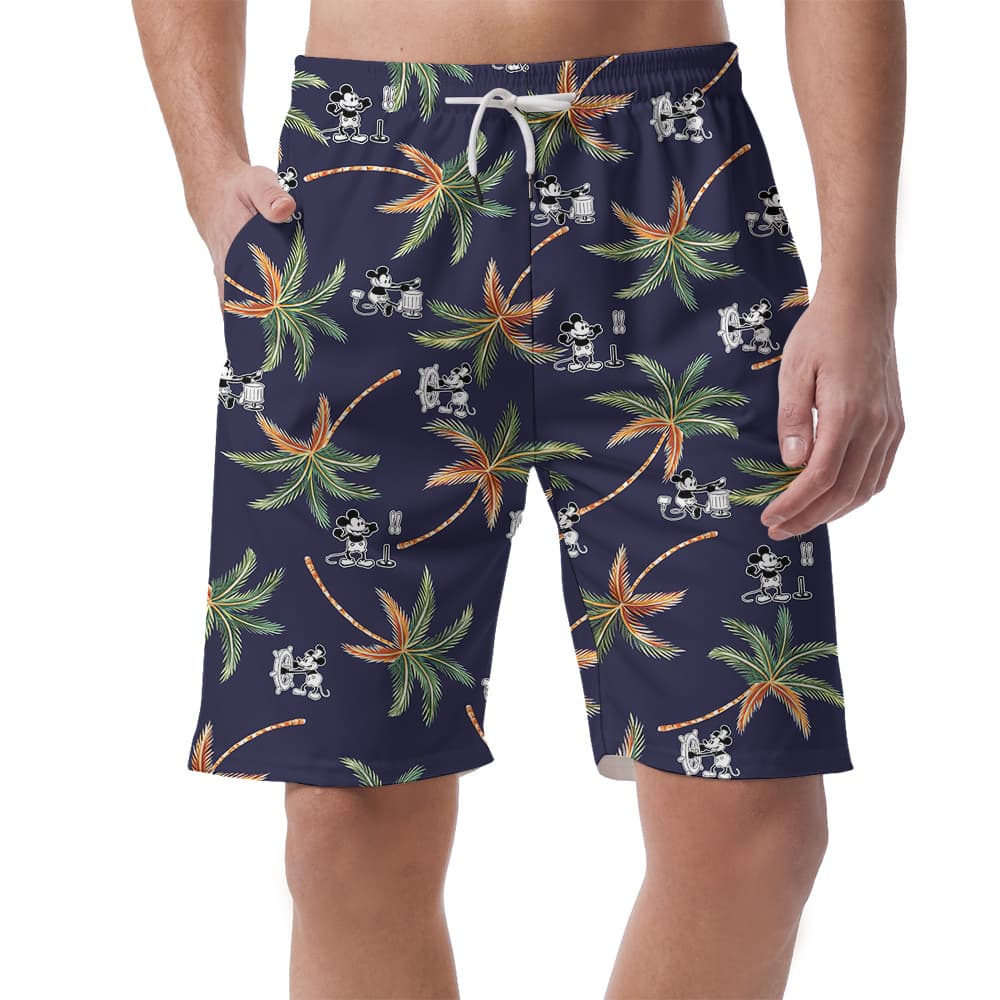 Steamboat Willie Mickey Palm Tree Navy Hawaiian Beach Shorts For Men